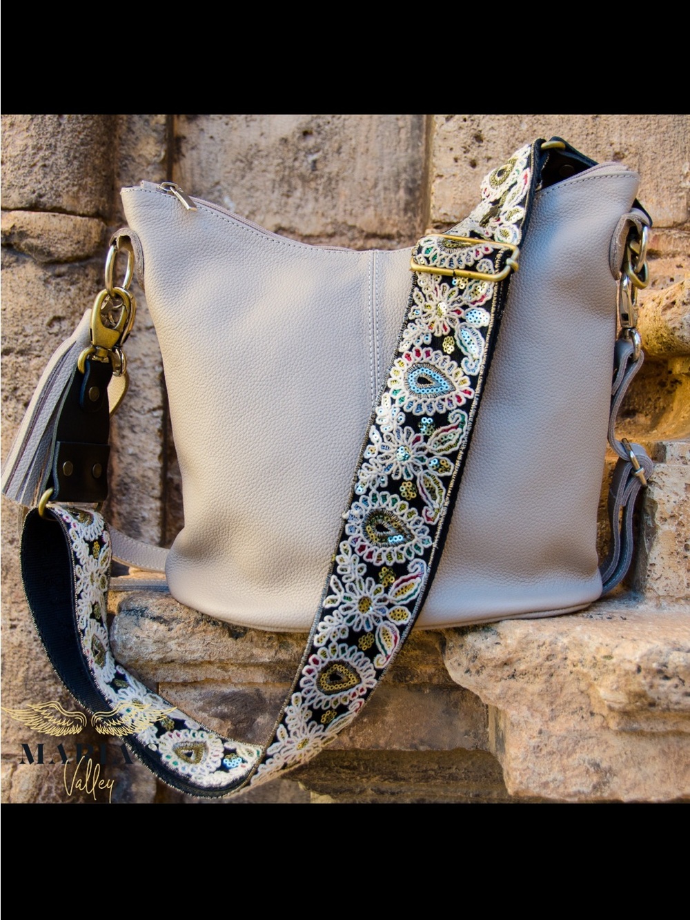Leather Guitar Strap with Ivory Lace and Sequins for Purse